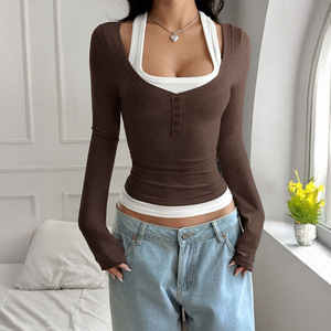 T-shirt à manches longues pour femme, style Y2K Hot Girl, col en V, coupe ajustée, sans repassage, transfrontalier Europe-Amérique - Product Image 4