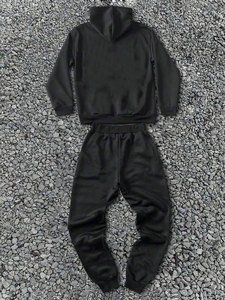 Ensemble sweat à capuche et pantalon de survêtement noir pour homme, imprimé flamme, décontracté, hiver, 100 % coton molletonné respirant, service OEM - Product Image 2