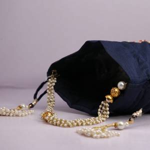 Handmade Customizable <b>Navy</b> Blue Silk Potli <b>Purse</b> with Gold Floral Embroidery and Pearl Beadwork Drawstring Closure for Wedding - Product Image 4