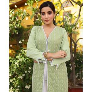 Conjunto de Kurta de Chifón Chikankari Transpirable Verde Talla XS para Mujer - Product Image 5