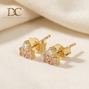 Boucles d'oreilles en or massif 14 carats certifiées IGI avec diamant de laboratoire et saphir Padparadscha pour femmes, fabricant de bijoux sur mesure - Product Image 2