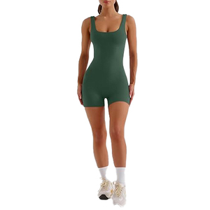 Combinaison de yoga côtelée vert foncé pour femme, effet ventre plat, tenue de sport une pièce, style col carré - Product Image 5