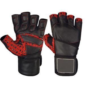 Half <b>Finger</b> Leather Fitness Gloves Black Red Adjustable Wrist <b>Strap</b> Gym Weight Lifting Workout Hand Wear - Product Image 1