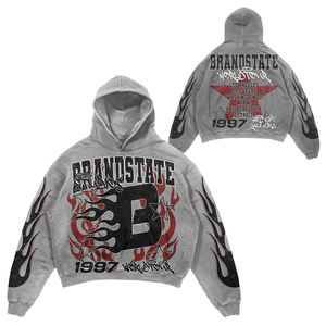 เสื้อฮู้ดดี้โอเวอร์ไซส์พิมพ์ลายโลโก้ตามสั่งสำหรับผู้ชาย ลายพิมพ์เปลวไฟวินเทจ World Tour ปี 1997 ผ้าฝ้ายฟลีซฟอกสีทรงบ็อกซี่ พร้อมหน้ากากสกี - Product Image 1