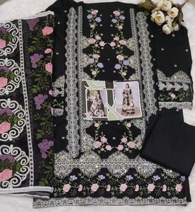 Kameez élégant en coton semi-couturé avec broderie, pantalon en coton assorti, dupatta en mousseline avec bordure en organza, pour fêtes, hiver et été - Product Image 1