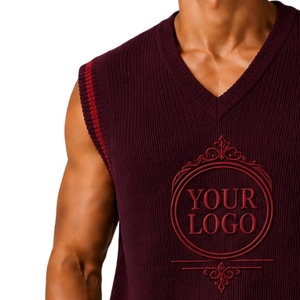 Chaleco de Punto para Hombre, Color Borgoña con Contraste Rojo, Cuello en V, Sin Mangas, Personalizable con Logotipo, Lana Acrílica, Venta al Por Mayor OEM - Product Image 5