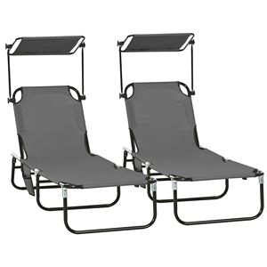 Set di 2 Sdraio Pieghevoli Grigio Scuro per Piscina con Parasole e Schienale Reclinabile, Telaio in Acciaio e Alluminio - Product Image 1