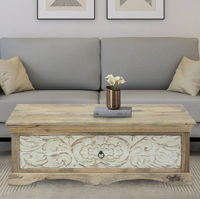 Table basse rectangulaire moderne à double tonalité, sculptée à motifs floraux, avec rangement, pour salon, finition naturelle et blanchie à la chaux