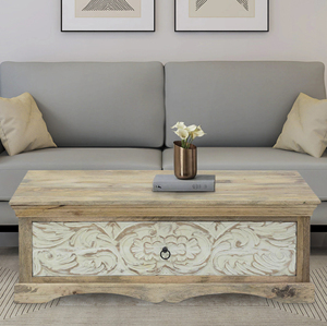 Table basse rectangulaire moderne à double tonalité, sculptée à motifs floraux, avec rangement, pour salon, finition naturelle et blanchie à la chaux - Product Image 1