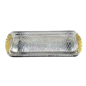 Plateau de service élégant en métal rectangulaire, plateau décoratif en aluminium martelé avec poignées uniques en forme de branche dorée, finition argentée pour la maison - Product Image 5