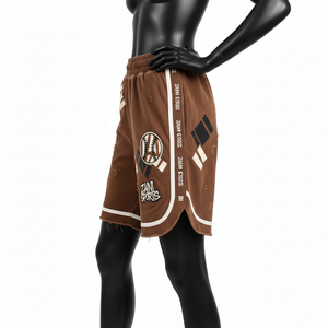 Short de basket-ball pour femme en molleton de coton de haute qualité, marron, confortable, respirant, avec empiècements et logo brodé. - Product Image 6