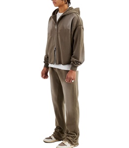 Ensemble de survêtement à capuche pour homme, couleur unie, sweat-shirt et pantalon à fermeture éclair intégrale, coupe décontractée ample, 100 % coton, pour l'automne - Product Image 5