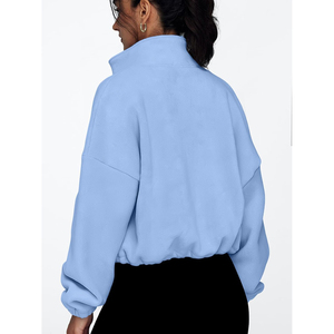 Sudadera Oversize de Forro Polar Azul Claro con Cremallera para Mujer, Cuello Alto, Hombros Caídos, Manga Larga, Estilo Corto, Tendencia OEM para Otoño - Product Image 2