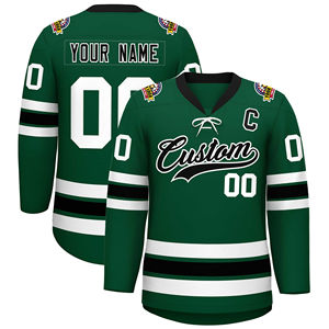 Camiseta de hockey sobre hielo personalizada para hombre, verde, blanco, negro, estampado sublimado, manga larga, cuello en V, nombre del equipo, ajuste regular para adultos - Product Image 1