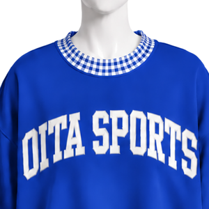 Sweat-shirt à col rond bleu roi pour homme, coupe ample, avec col et ourlet à carreaux, manches longues, motif graphique, pull décontracté, haut tendance - Product Image 3