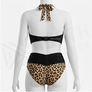 Ensemble bikini 2 pièces imprimé léopard pour femme, haut dos nu et bas taille haute côtelé extensible - Product Image 2