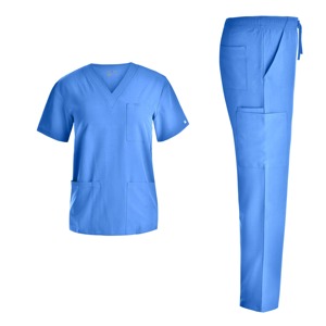 Unisex <b>Blue</b> <b>Scrub</b> Set With V-Neck Top And Elastic Waist Pants For Hospital Use - Product Image 5