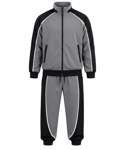 Conjunto Deportivo Unisex Gris y Negro Impermeable con Capucha, Bloques de Color, Manga Larga, Cordón Ajustable, Estilo Deportivo, Ropa de Otoño, Corte Regular - Product Image 1