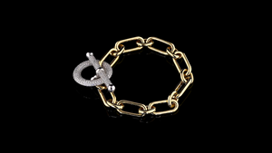 Luxury Two Tone gold paperclip chain bracelet with pave lab grown diamond <b>toggle</b> clasp in two tone - Product Image 2