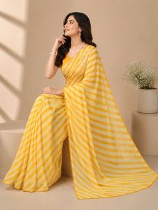Sari Indio Tradicional Amarillo con Estampado Leheriya en Georgette, para Uso Diario, Festivo y de Fiesta, para Mujer, Venta al Por Mayor - Product Image 2