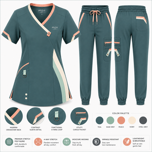 Conjunto de Uniforme Médico para Mujer con Cuello en V, Manga Corta, Blusa de Enfermería y Pantalones Cargo con Bolsillos de Parche - Product Image 1