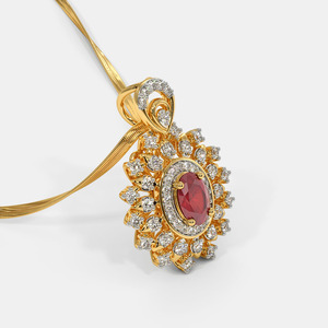 Yellow Gold Oval Ruby Floral Halo Lab Grown Diamond Pendant Necklace - Product Image 5