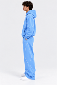 Ensemble de survêtement bleu à capuche pour homme, coupe ample, décontracté, avec sweat-shirt et pantalon à poches latérales, en coton respirant - Product Image 4