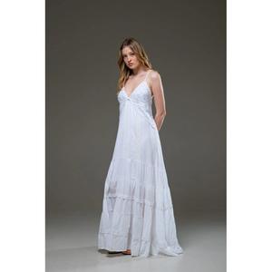 Vestido largo de encaje blanco para mujer, con tirantes finos, sin mangas, cuello en V, estilo bohemio, con volantes, para verano, playa o resort - Product Image 2