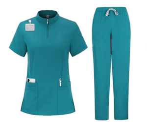 Ensemble de blouses en satin unisexe gris foncé à manches courtes avec col zippé et pantalon, uniformes d'hôpital pour usage médical et infirmier - Product Image 4