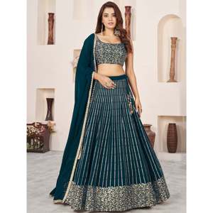 Magnifique Lehenga Choli semi-cousu en Georgette vert sarcelle à sequins pour fiançailles de la marque Zeel Clothing - Product Image 2