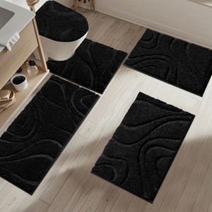 Modern Abstract Pattern Chenille Bath <b>Mat</b> <b>Set</b> 4 Piece Rectangle Non-Slip Rubber Backing Thick Tufted Black for Home <b>Bathroom</b> Use - Product Image 5