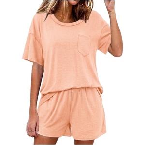 Women's Blue 2 Piece <b>Shorts</b> Set Crew Neck <b>Short</b> Sleeve Loose Fit Casual Solid Color Pocket Knitted Cotton <b>Top</b> <b>and</b> <b>Shorts</b> - Product Image 2