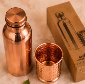 Authentic Copper Water Bottle With Ribbed Design Portable Travel <b>Drinkware</b> Oriental Style Ayurvedic Wellness - Product Image 6