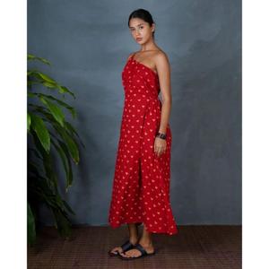 Vestido midi rojo para mujer, cuello redondo, sin mangas, estampado a cuadros, de algodón tejido, ecológico, estilo vintage, informal, para fiesta, verano, corte holgado, con cinturón. - Product Image 4