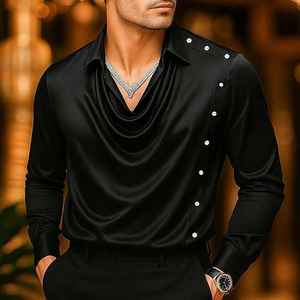 Camisa de satén color champán para hombre con cuello tipo capucha y detalle de botones laterales asimétricos. - Product Image 5