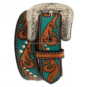 เข็มขัดหนังแฟชั่นผู้ชายลายนูนลายดอกไม้เทอร์ควอยซ์แกะสลักด้วยมือดีไซน์เฉพาะ - Product Image 5