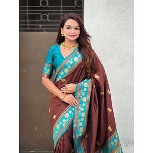 Elite Weaves Coffee <b>Brown</b> Soft Silk Pichwai Traditional Zari Woven Saree Elegant Indian <b>Scarf</b> & Shawl 600g - Product Image 5
