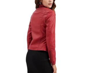 Blouson de moto unisexe en cuir PU rouge respirant avec logo frontal, col montant, fermeture éclair, coupe ajustée, longueur standard, style hiver - Product Image 3
