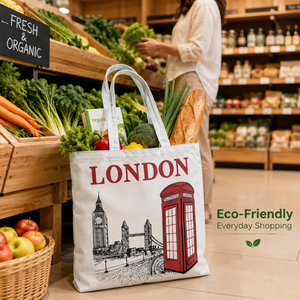 Bolsa de Mano de Lona de Algodón con Estampado de Londres |   Bolsa de Compras Reutilizable Ecológica, Bolsa de Mano Promocional Personalizada con Asas Largas - Product Image 5