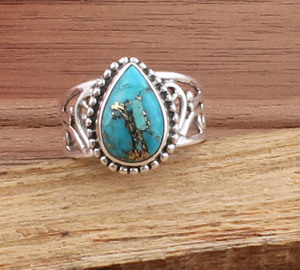 Bague en argent sterling 925 avec sertissage en turquoise bleu cuivre fait main en gros, bijoux bohèmes, véritable matrice, pour les fêtes - Product Image 1
