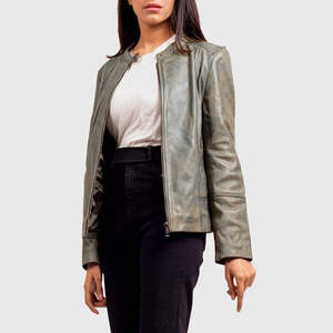 Blouson moto en cuir véritable lavé pour femme, col montant, fermeture éclair, coupe ajustée, style automne, couleur unie, longueur standard - Product Image 2