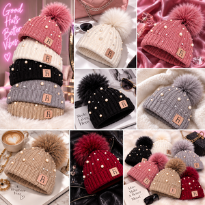 Bonnet d'hiver en tricot côtelé pour femme avec pompon en fausse fourrure et perles, logo métallique personnalisé, casquette tendance, vente en gros, fournisseur de mode B2B - Product Image 5