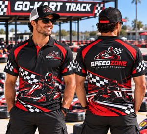 เสื้อโปโลแขนสั้นผู้ชายลายพิมพ์ดิจิทัล Speedzone Go-Kart Track Theme แห้งเร็ว ดีไซน์สปอร์ต ลายตารางแดงดำ - Product Image 1