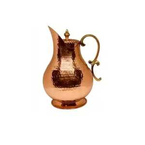 Ornate Hammered Copper <b>Jug</b> Brass Handle Base Pitcher with Lid Ayurvedic Health Drinkware Restaurant Hotel Serveware - Product Image 1