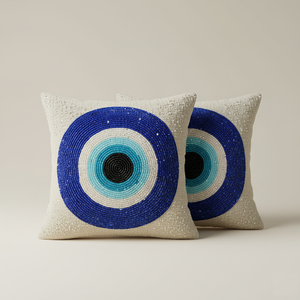 Housse de coussin d'intérieur carrée de luxe, broderie perlée artistique motif œil porte-bonheur, personnalisable, 100% polyester, coussin décoratif - Product Image 1