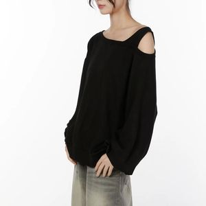<b>Womens</b> <b>Navy</b> Blue Cold Shoulder Sweatshirt One Shoulder Cut Out Long Sleeve <b>Fleece</b> Pullover Oversized Y2K Streetwear Thermal Tops - Product Image 5