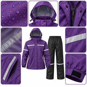 Custom <b>Purple</b> Weather Guard Waterproof Rain <b>Suit</b> Hooded Jacket Pants Reflective Outdoor Workwear Weather Protection Supplier - Product Image 5