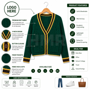 Cárdigan Verde Tejido HMR con Ribete en Contraste Amarillo y Marrón, Cuello en V, Manga Larga, Ropa Casual, Estilo Sororidad - Product Image 6