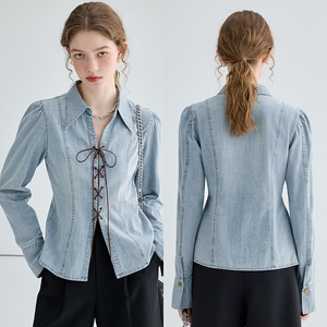 Jean en denim décontracté bleu en coton respirant à manches longues coupe droite pour femme, style vintage, idéal été et printemps, avec boutons – Meilleures ventes - Product Image 1