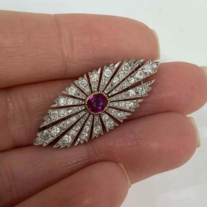 Circa 1890's Art Deco Brooch <b>Cushion</b> & <b>Round</b> Moissanite Stone Retro Brooch Antique Ruby Vintage Inspire Brooch Two Tone Gold - Product Image 4